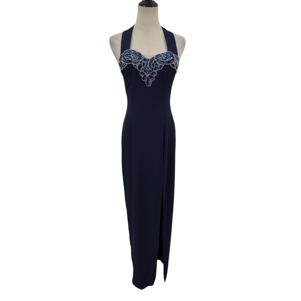 Vtg 90s navy beaded prom dress sweetheart halter column gown slit glam sx 5/6